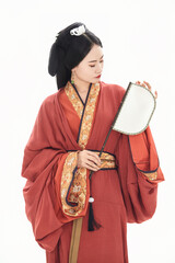Obraz premium Girl wearing Chinese Spring and Autumn and Warring States Period costumes on a white background