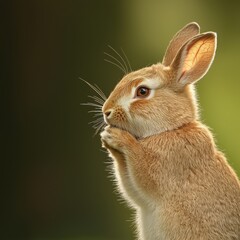 Obraz premium Rabbit grooming its ears in natural daylight close-up enchanted forest environment