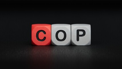 COP Colombia Peso sign on colourful wooden cubes.close up of wooden elements,Business Concept.3D rendering on black background.