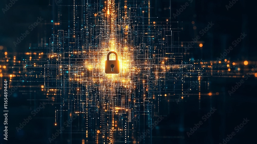 Poster digital lock surrounded by glowing data streams, symbolizing cybersecurity and protection in a futur