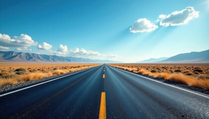Naklejka premium Endless asphalt ribbon stretches to horizon under vast blue sky, road surface, background