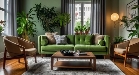 stylish living room with a cozy sofa, coffee table, green plants, a rug, and decorative elements, showcasing a contemporary interior design 3