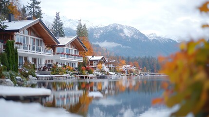 Fototapeta premium Snow-dusted alpine houses reflect in calm lake, autumn leaves in foreground.