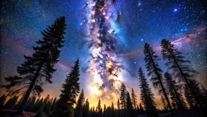 A majestic view of the Milky Way galaxy as seen from a forest, with towering trees silhouetted against the backdrop of a star-filled sky.