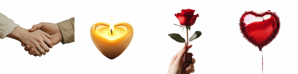 set of Valentine's Day, heart-shaped candle lit, a red rose, heart-shaped balloons, two hands touching, heart-shaped candle, red rose and balloon decoration, on a transparent backgrounds