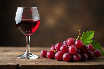 Glass of red wine & grapes on rustic wooden table, cozy, food, romantic