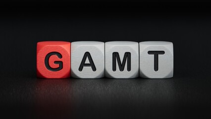 cubes with the word gamt. Care concept.close up of wooden elements,Business Concept.3D rendering on black background.