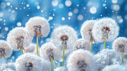 Obraz premium Snowy day, fluffy dandelion seeds.