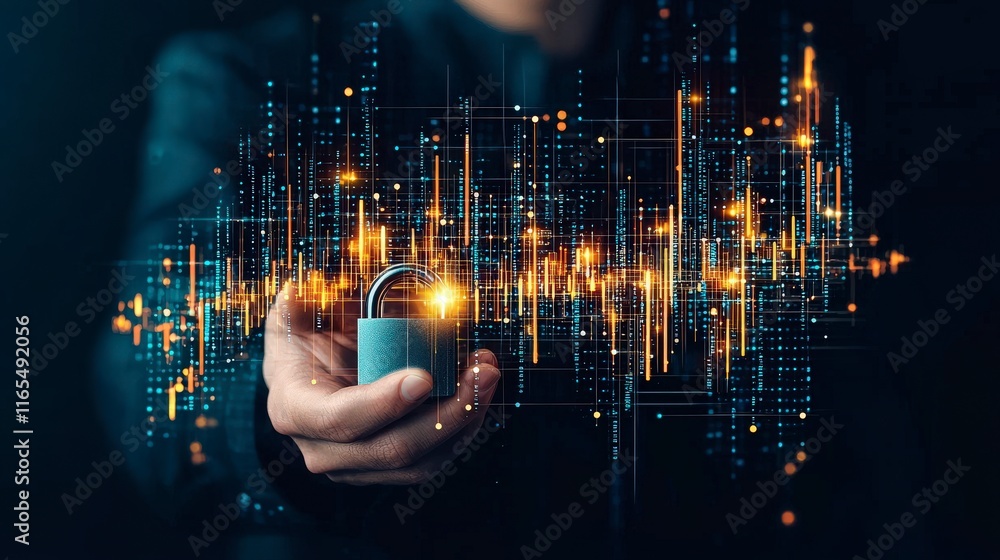 Poster a hand holding a padlock is surrounded by digital data patterns and lights, symbolizing security and
