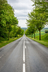 Scenic countryside road flanked by lush green trees under a cloudy sky, perfect for a peaceful drive or cycling adventure, May 2021