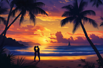 Fototapeta premium Loving couple embracing on the beach in sunset sky background. Love, happy valentine's day background. Alternative Ai. 