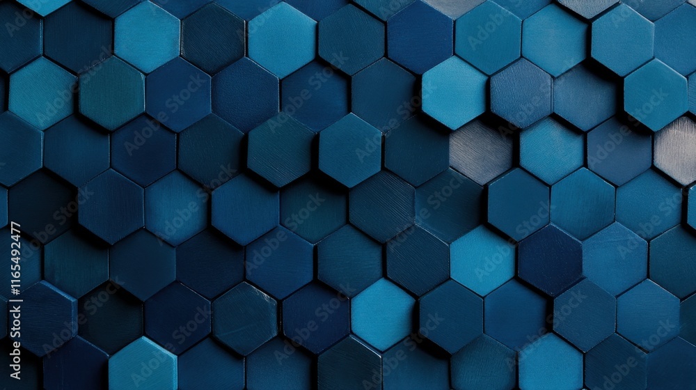 Poster hexagonal tiles in various shades of blue, creating a three-dimensional effect
