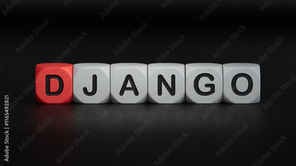 Poster django word text from wooden cube block letters.close up of wooden elements,business concept.3d rend