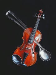 big cello with ladle and big pots, colorful, illustration style, black background