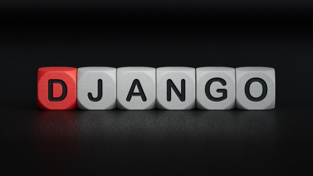 DJANGO word text from wooden cube block letters.close up of wooden elements,Business Concept.3D rendering on black background.