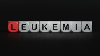 Doctor holding card in hands and pointing the word LEUKEMIA.close up of wooden elements,Business Concept.3D rendering on black background.