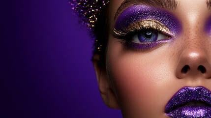 Close-up of sparkling purple and gold makeup on face with glowing highlights and vibrant artistic style