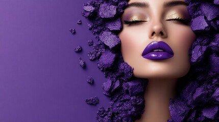 Face framed by purple sparkling textures with closed eyes and bold makeup, creative beauty concept illustration