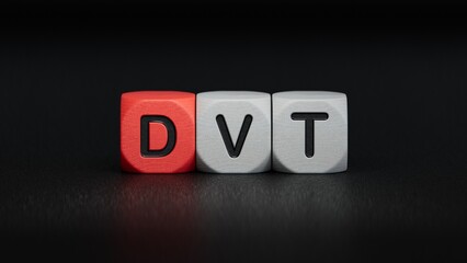 DVT the word is written on wooden cubes.close up of wooden elements,Business Concept.3D rendering on black background.