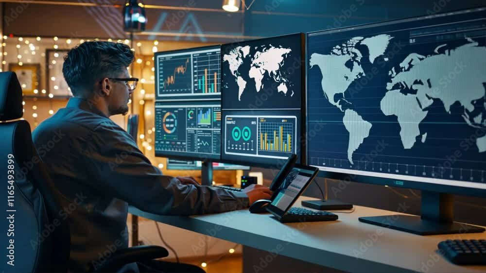Poster man at desk with multiple monitors showcasing data analytics, world maps, and charts, enhancing tech