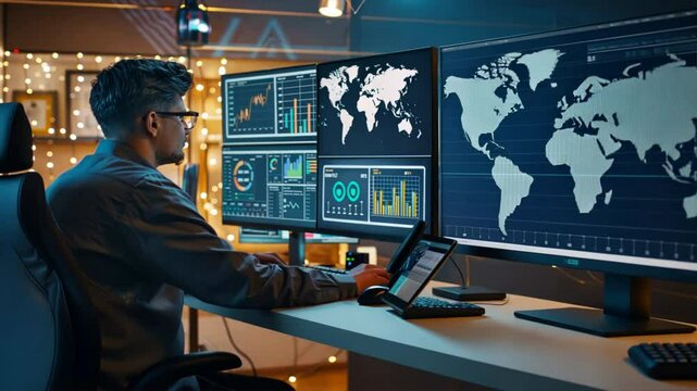 Man at desk with multiple monitors showcasing data analytics, world maps, and charts, enhancing technology in office environment for better productivity.