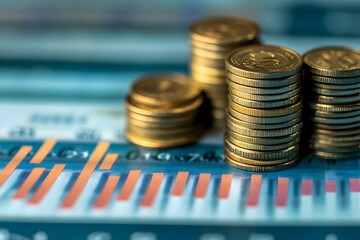 Stacked gold coins on a financial chart background, symbolizing wealth, investment, and economic growth.
