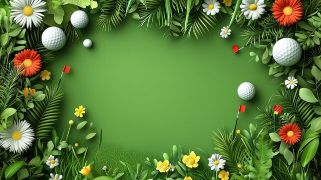 Vibrant Green Golf Court Border with Flowers and Golf Balls