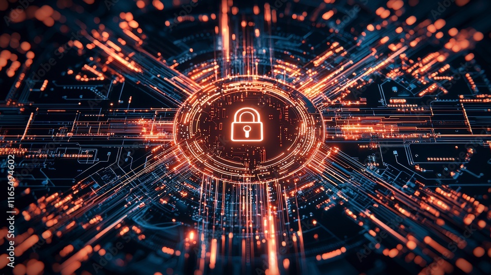 Poster digital lock surrounded by glowing data streams, symbolizing cybersecurity and technological protect
