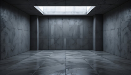 stock photo features a 3D-rendered empty and dark abstract concrete room interior.