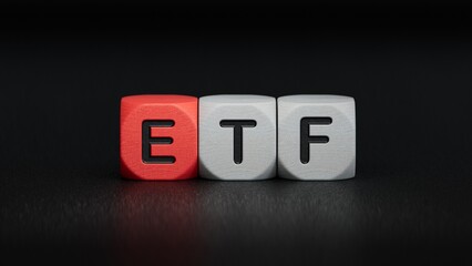 ETF - word concept on building blocks, text, letters.close up of wooden elements,Business Concept.3D rendering on black background.
