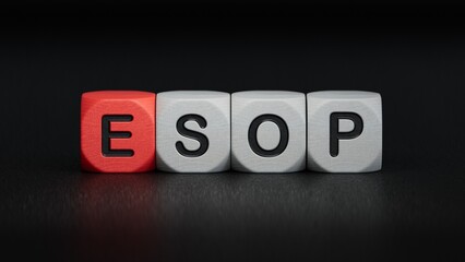 esop sign on the wooden cubes.close up of wooden elements,Business Concept.3D rendering on black background.