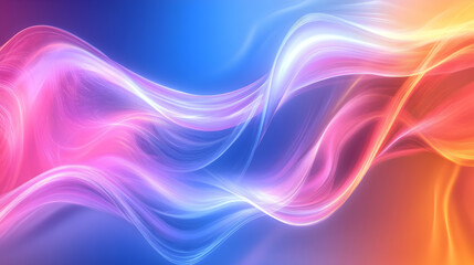 Fototapeta premium Radiant pink, orange, and blue waves of light intertwine on a gradient background, offering a vibrant and energetic digital design.
