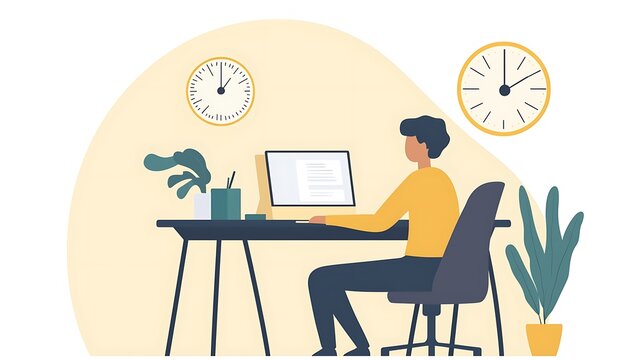 A man is sitting at a desk with a computer and two clocks on the wall