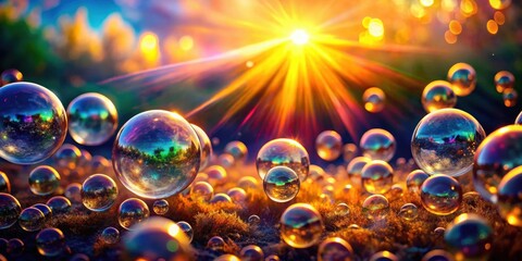Naklejka premium A mesmerizing display of iridescent soap bubbles reflecting a vibrant sunset, bathed in warm golden light and surrounded by a tapestry of nature's hues
