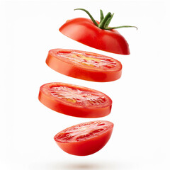 Rodajas de tomate voladoras en fondo