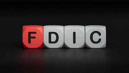 fdic word written on wooden cubes with copy space.close up of wooden elements,Business Concept.3D rendering on black background.