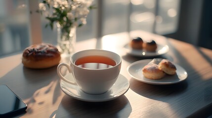A photograph of an empty white desk with some food and coffee on it, taken from the side