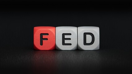 fed concept on wooden cubes.close up of wooden elements,Business Concept.3D rendering on black background.