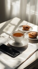 A photograph of an empty white desk with some food and coffee on it, taken from the side