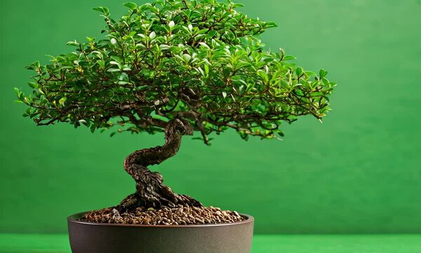Lush green bonsai tree in a brown pot against a vibrant green background.