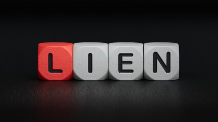 Four wooden cubes arranged in stack with word LIEN on them, space for text.close up of wooden elements,Business Concept.3D rendering on black background.