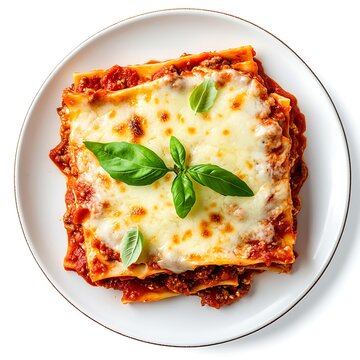 Top view of a plate of lasagna isolated on white background.