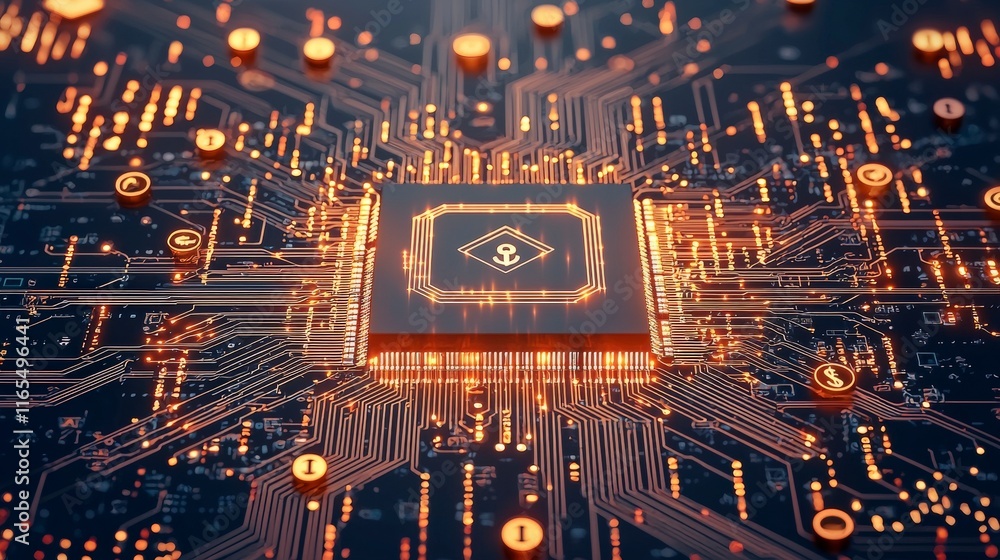 Poster a digital circuit board with a central processor, illuminated by glowing orange lines, representing 