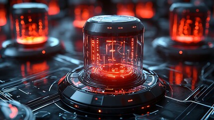 Futuristic red glowing digital capsules on a dark tech background.
