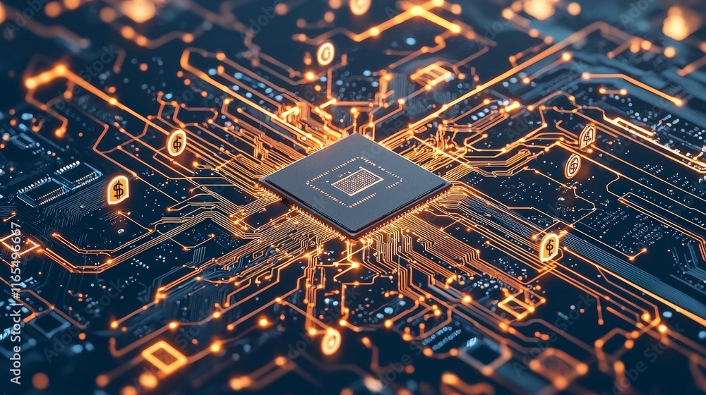 Poster Futuristic circuit board with glowing connections and a central processor, representing advanced technology and digital innovation.