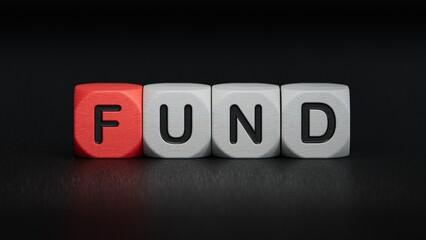 FUND Word Written In Wooden Cubes.close up of wooden elements,Business Concept.3D rendering on black background.