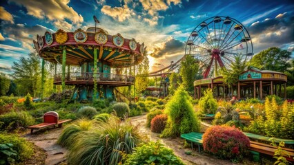 Obraz premium Abandoned Carnival Rides Surreal Photography, Broken Fun, Decaying Amusement Park, AI Art, Surrealism