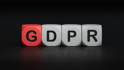 GDPR Word Written In Wooden Cubes.close up of wooden elements,Business Concept.3D rendering on black background.