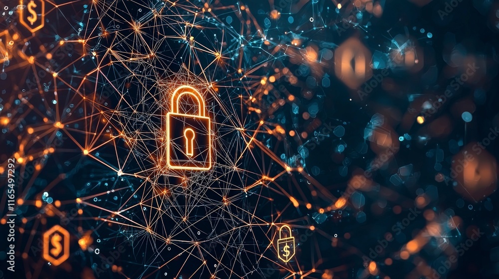 Poster digital network with glowing locks symbolizes cybersecurity and data protection in a connected world