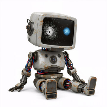 Rusty retro futuristic robot sitting on floor with broken monitor screen and protruding wires - isolated on white background